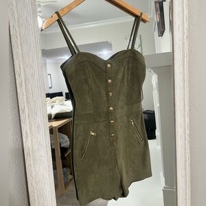 Olive Green Suede Romper with Gold Buttons